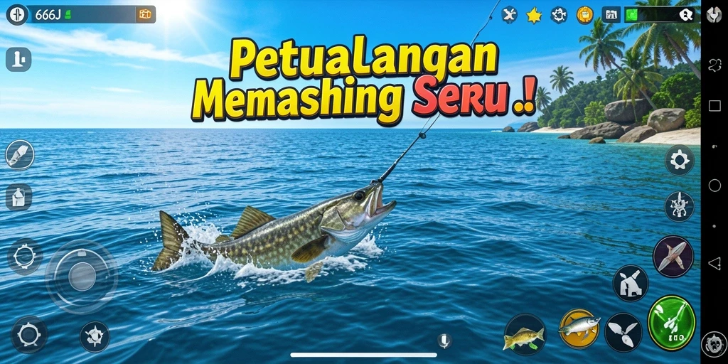Tampilan gameplay 666J menampilkan pemain yang sedang memancing di laut lepas.
