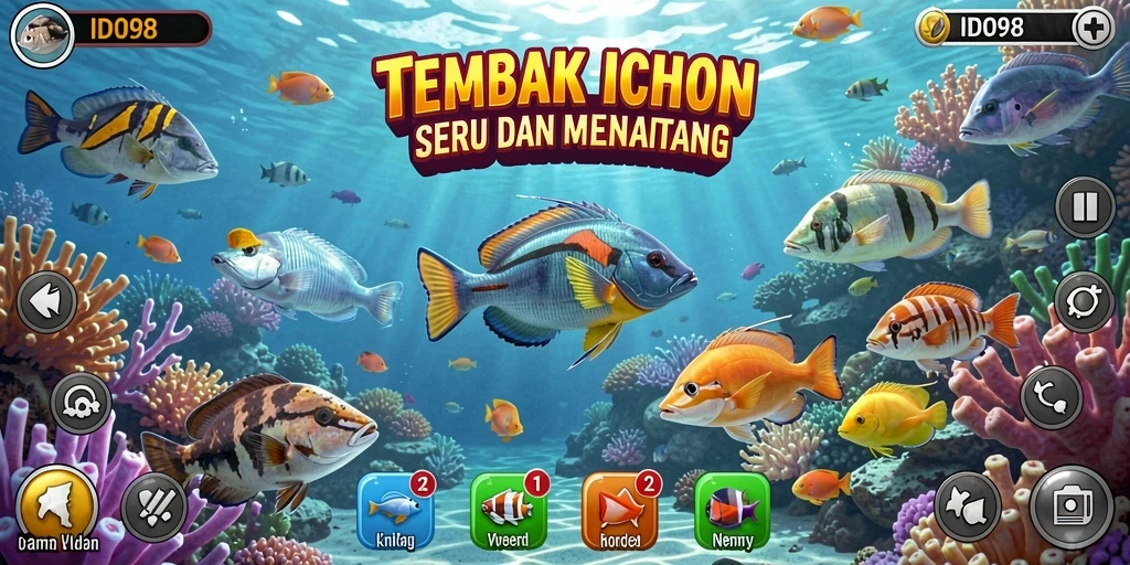 Screenshot gameplay ID098 menampilkan aksi seru menembak ikan.