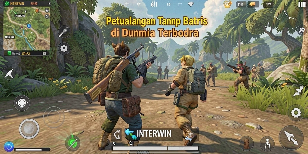 Tangkapan layar gameplay INTERWIN yang menampilkan petualangan di dunia terbuka.