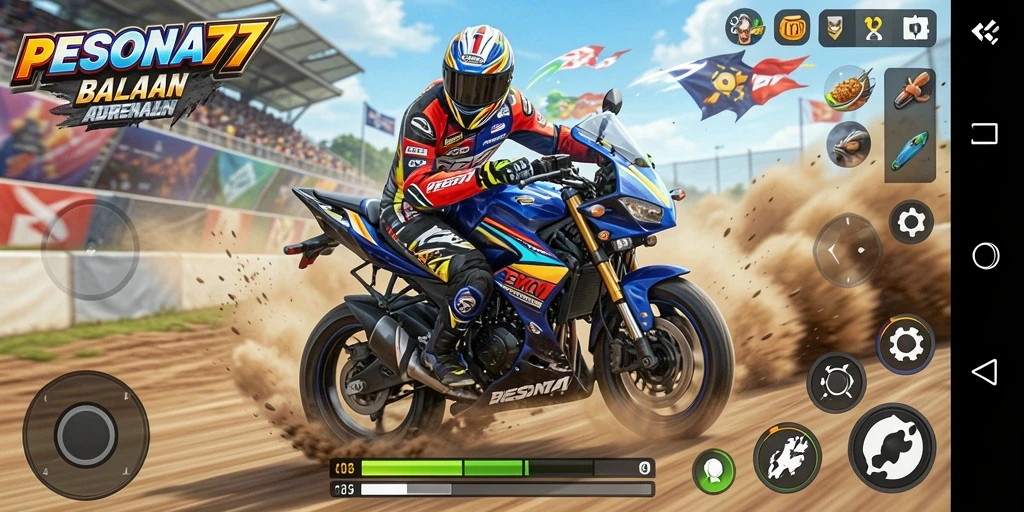 Tampilan gameplay PESONA77 dengan aksi balapan motor yang seru.