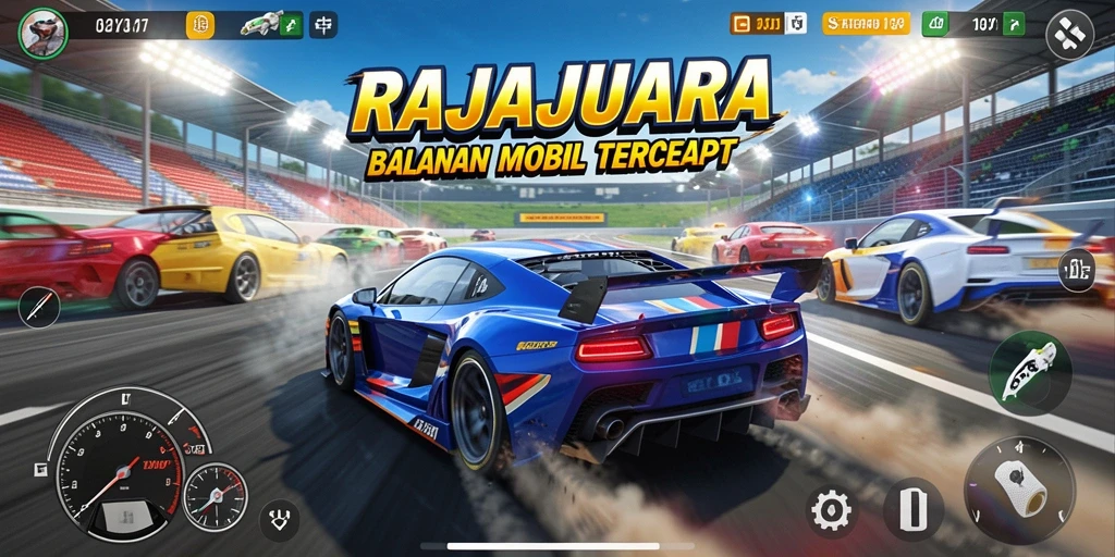 Tampilan gameplay RAJAJUARA dengan mobil yang melaju kencang di trek balapan.