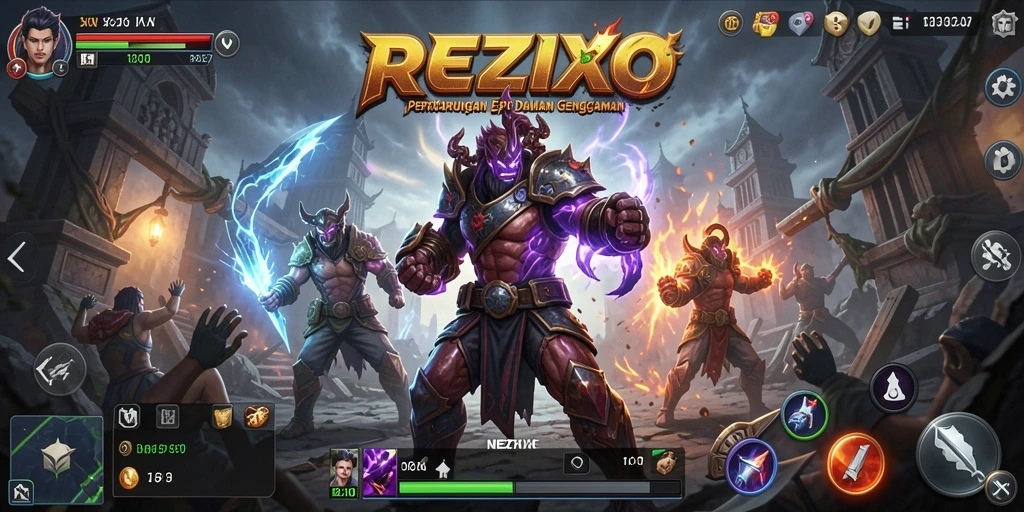 Screenshot utama REZIXO menampilkan aksi pertarungan yang intens.