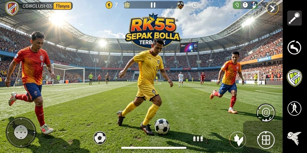 Tampilan gameplay RK55 dengan aksi sepak bola yang mendebarkan.