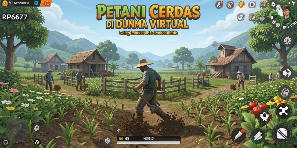 Screenshot gameplay RP6677 menampilkan ladang yang subur dengan berbagai tanaman.