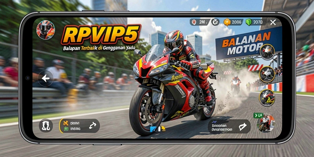 Screenshot gameplay RPVIP5 menampilkan balapan motor yang intens dan mendebarkan.