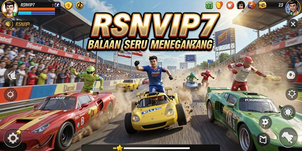 Screenshot gameplay RSNVIP7 menampilkan mobil balap sedang melaju di trek yang menantang.
