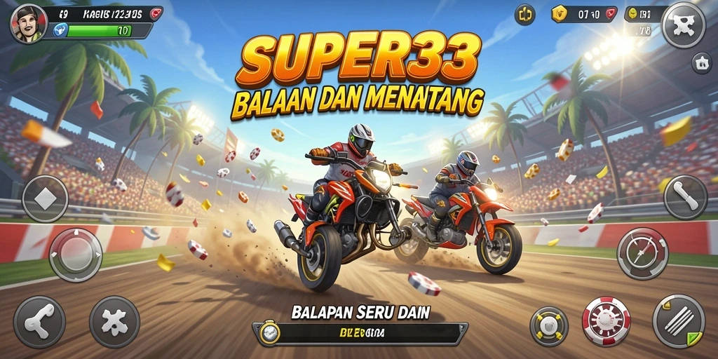 Screenshot gameplay SUPER33 menampilkan aksi balapan yang menegangkan.