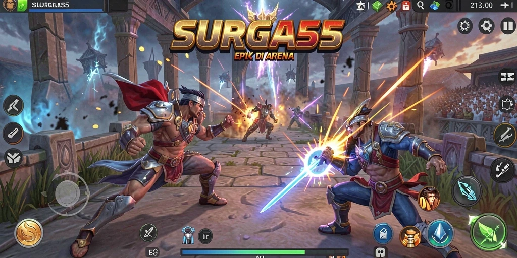Screenshot SURGA55 menampilkan aksi pertarungan yang seru dan dinamis.